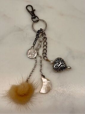 Silver Bag Charm / Keychain w Genuine Mink Fur Pom Pom, mother of pearl charm